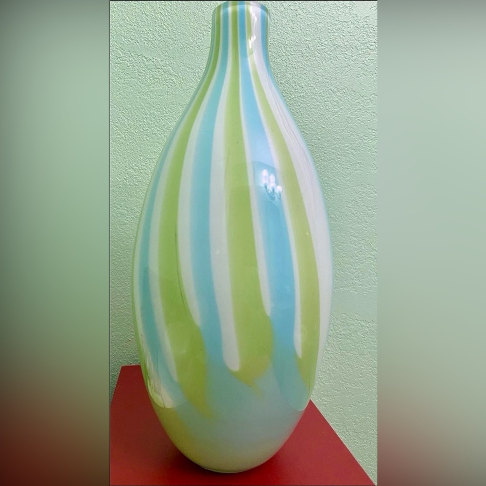 Vintage Art Glass Vase Blue Green White Swirl 11” Tall Handblown ~Mid Century